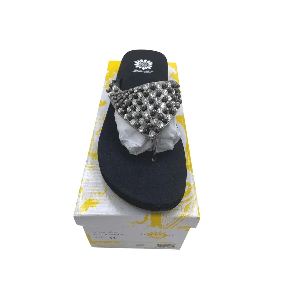 Yellow Box Idetta Pewter Rhinestone Studded Wedge Flip Flop Sandals Womens 11 - Picture 6 of 11